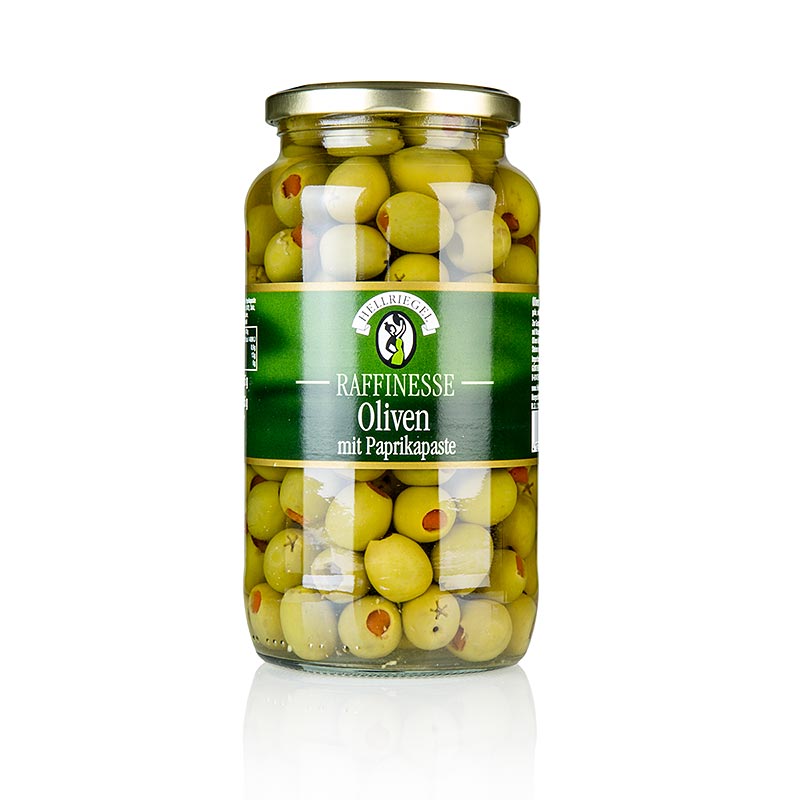 Hellriegel - Grüne Oliven, ohne Kern, mit Paprikapaste, in Lake, Raffinesse, 935 g