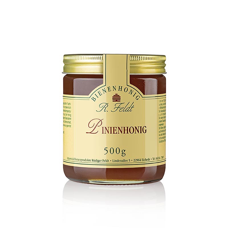 Imkerei Feldt - Pinien-Honig, dunkel, mild-würziger Kieferwaldhonig mit Kräutervegetation, 500 g