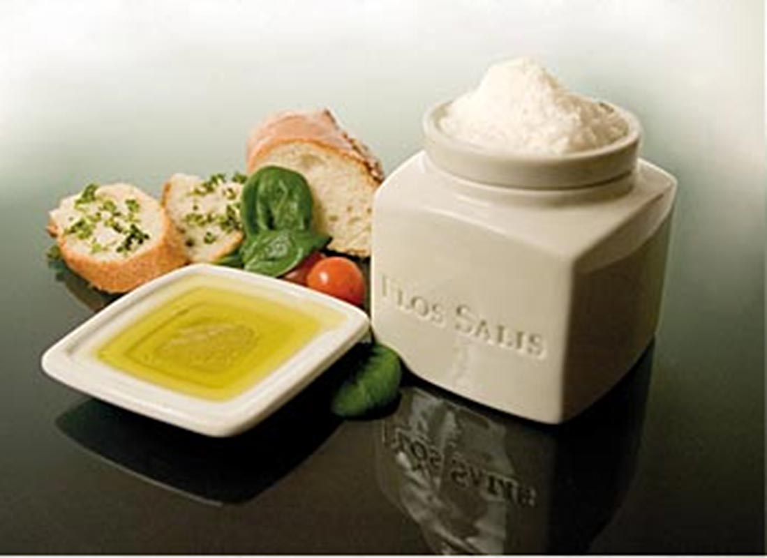 Marisol - Tisch-Salz-Gefäß "Flos Salis®", groß, Flor de Sal-Auslese &Olivenöldippschälchen