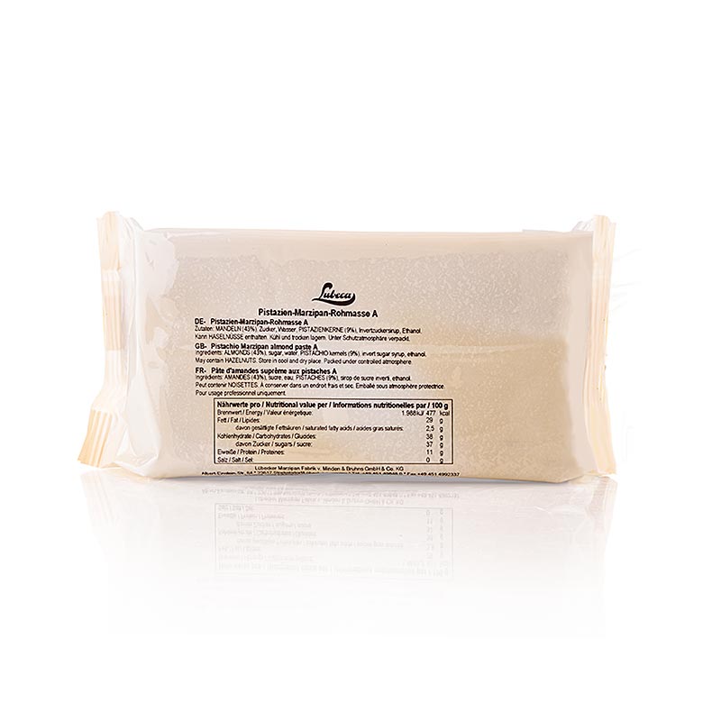 Massepain brut aux pistaches, PM, 43% d'amandes méditerranéennes et 9% de pistaches, Lubeca, 1 kg