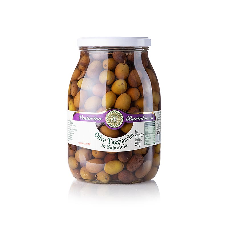 Mélange d'olives, olives Taggiasca vertes et noires, avec noyau, en saumure, Venturino