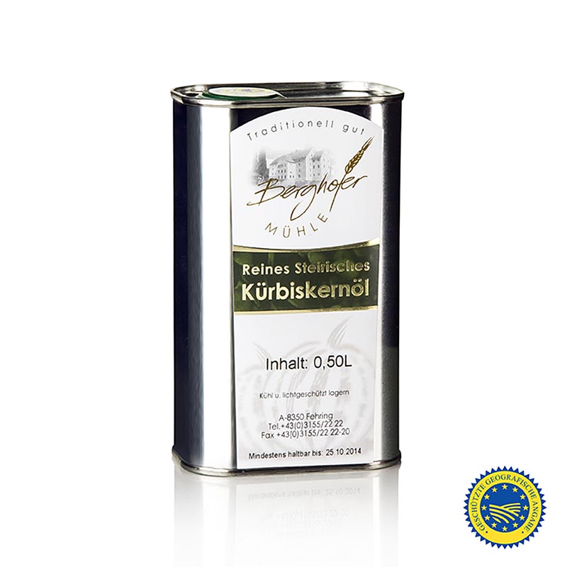 Olio di semi di zucca della Stiria IGP, puro al 100 %, Berghofer-Mühle, 500 ml