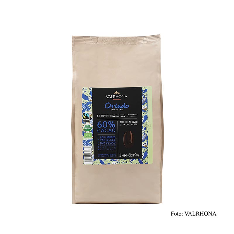 Valrhona Oriado, couverture noire, callets, 60 % Cacao, bio, 3 kg