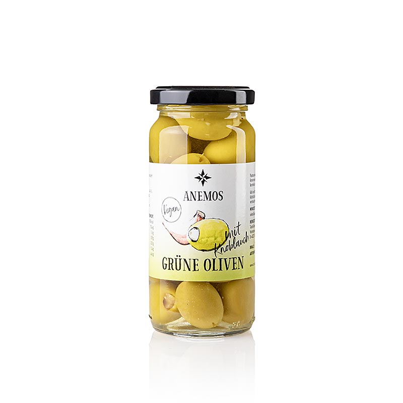 Olives vertes dénoyautées, à l'ail, en saumure, ANEMOS, 227 g
