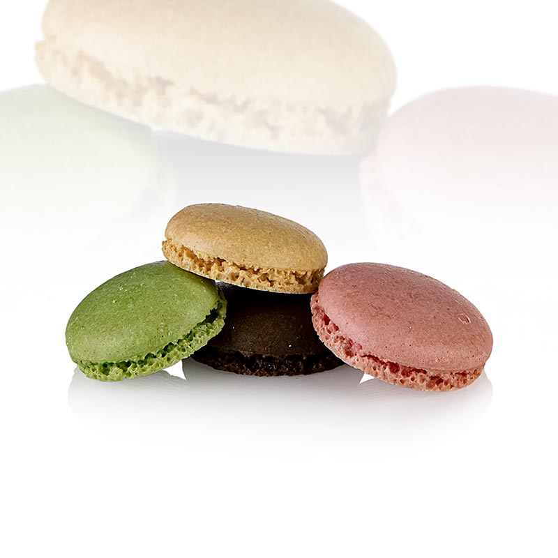 Macarons mix 1 (96 x ciascuno pistacchio, cioccolato, naturale, lampone), ca. Ø3,5 cm, 921 g, 384 pezzi.