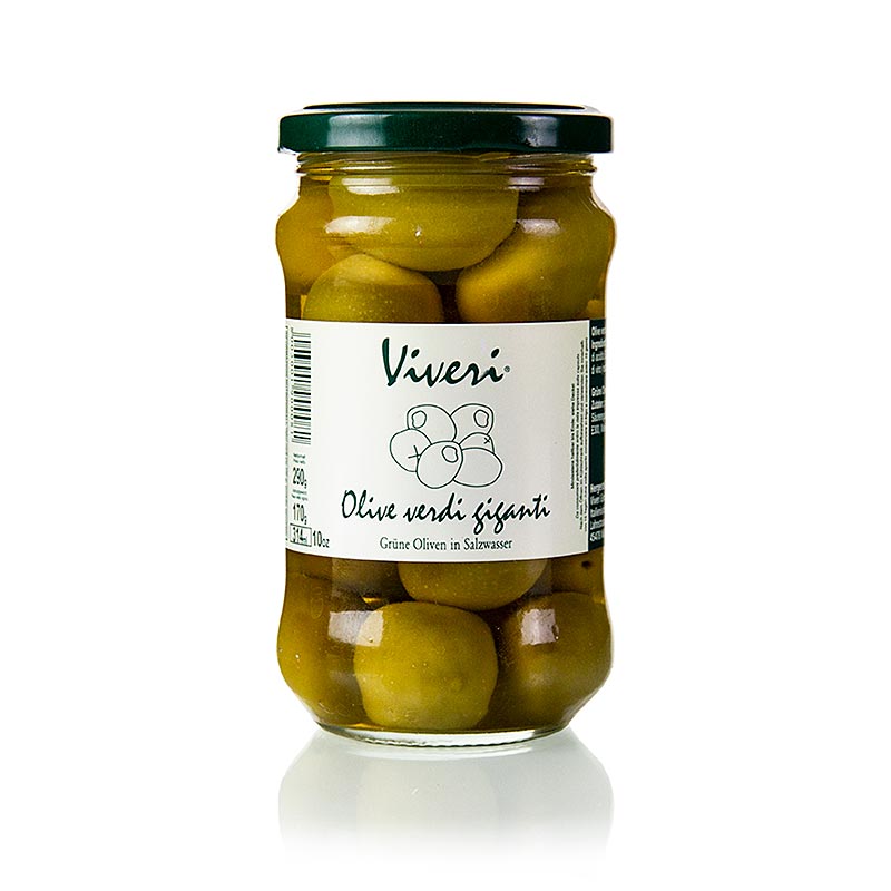 Olive verdi con nocciolo, varietà Gigante, in salamoia, Viveri, 290 g