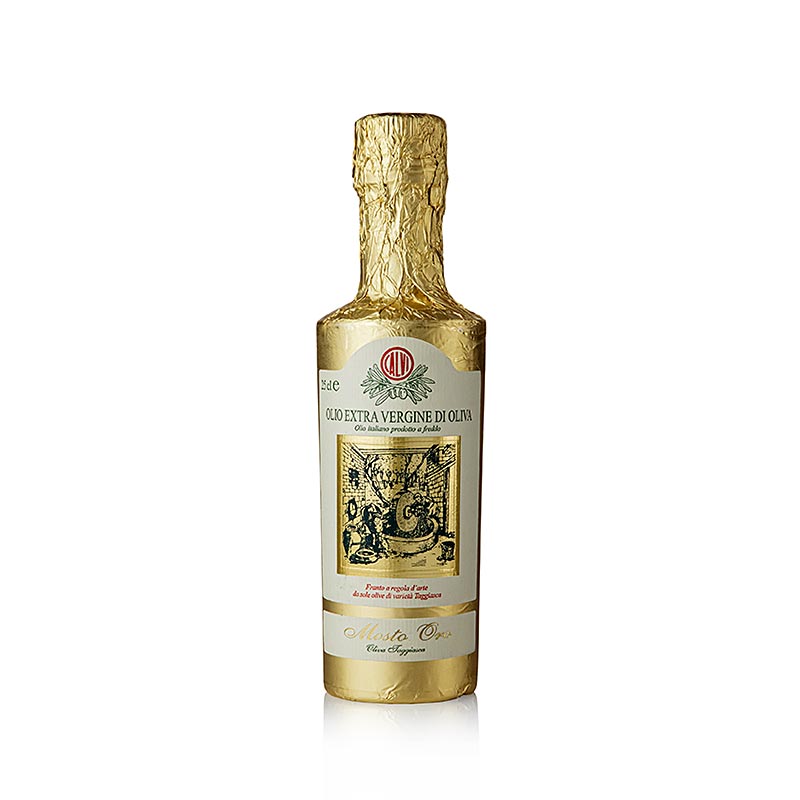 Olio d'oliva Calvi "Mosto Oro", 100% Taggiasca, confezione con lamina dorata, Liguria, 250 ml