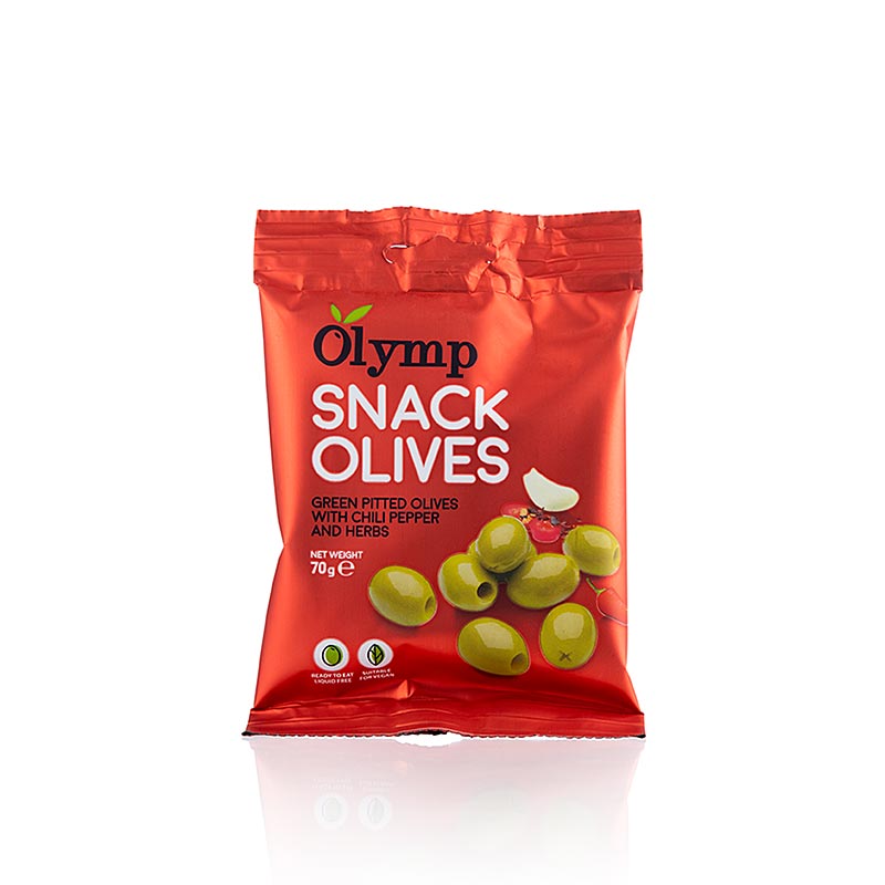 Snack olives, olives vertes dénoyautées, au chili & aux herbes, 70 g