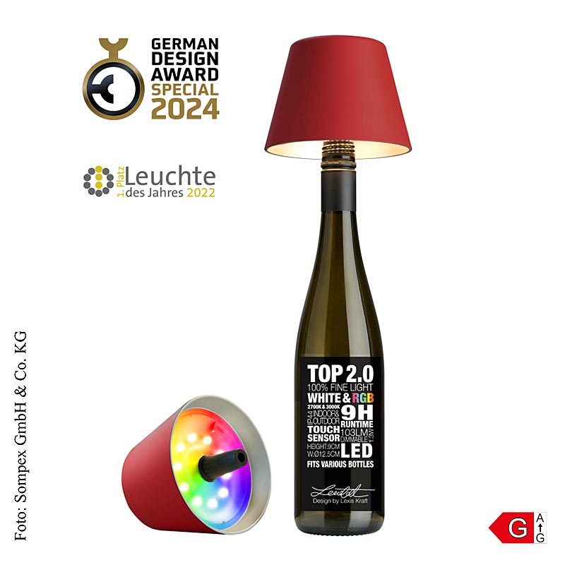 Lampada da tavolo "TOP 2.0", per bottiglie, con batteria ricaricabile, 11x12,5 cm, plastica, rosso (72530), 1 pz.