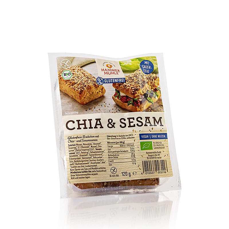 Panini al chia e sesamo, senza glutine, senza lattosio, Hammermühle, BIO, 120 g, 2 x 60 g