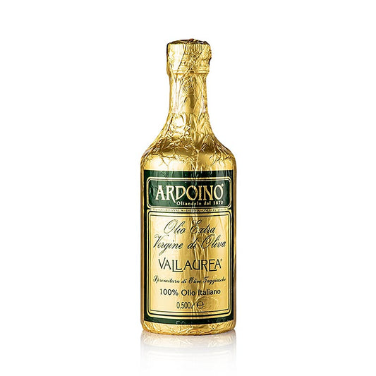 Huile d'olive vierge Ardoino « Vallaurea », non filtrée, en bouteille recouverte d'une feuille d'or, 500 ml