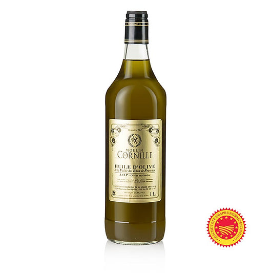 Huile d'olive vierge, Fruité Noir, douce et légèrement sucrée, Baux-de-Provence, AOP, Cornille, 1 l