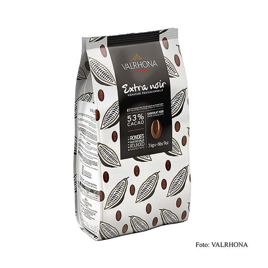 Valrhona Extra Noir, couverture noire, callets, 53 % Cacao, 3 kg