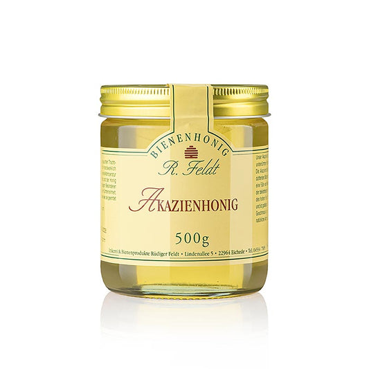 Imkerei Feldt - Akazien-Honig, leicht goldfarben, flüssig, zart-lieblich, gut zum Süßen, 500 g