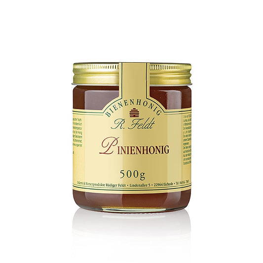 Imkerei Feldt - Pinien-Honig, dunkel, mild-würziger Kieferwaldhonig mit Kräutervegetation, 500 g