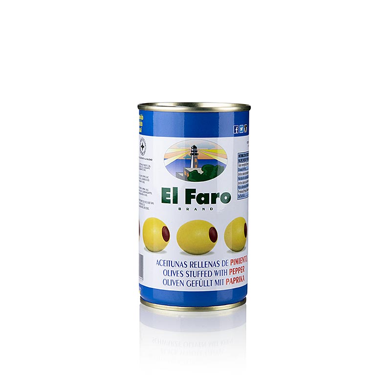 Olive verdi senza nocciolo, con pasta di paprica, in salamoia, El Faro, 350 g