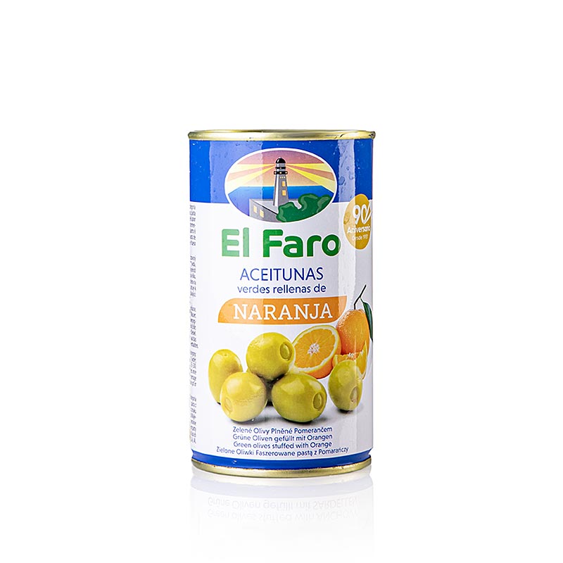 Olives vertes dénoyautées à la pâte d'orange, en saumure, El Faro, 350 g