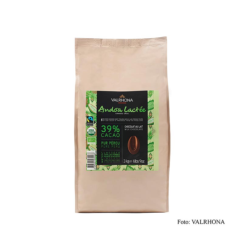 Valrhona Andoa Lactée, couverture au lait, callets, 39 % Cacao, BIO, 3 kg