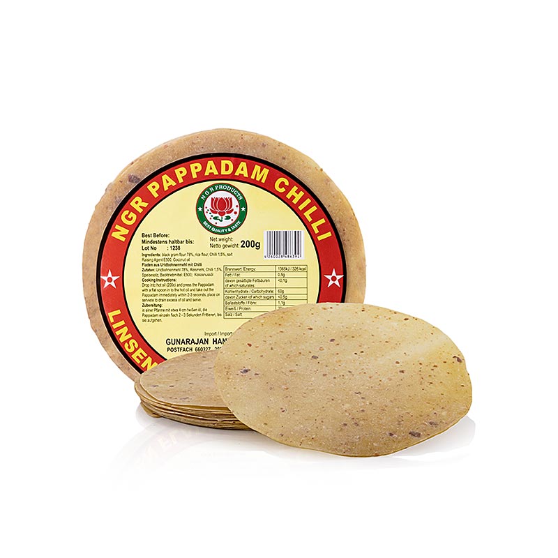 Pappadums, mit roten Chilis gewürzt, ca. ø 15cm, 200 g, 12 St