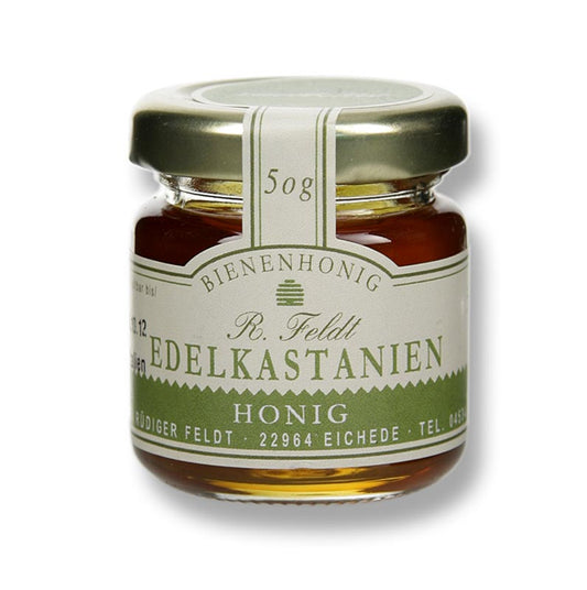 Imkerei Feldt - Edelkastanien-Honig, mittelbraun, flüssig, zartbitter, Portionsglas, 50 g