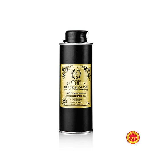 Huile d'olive vierge, Fruité Noir, douce et légèrement sucrée, Baux-de-Provence, AOP, Cornille, 250 ml