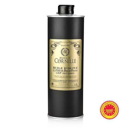 Huile d'olive vierge, Fruité Noir, douce et légèrement sucrée, Baux-de-Provence, AOP, Cornille, 1 l
