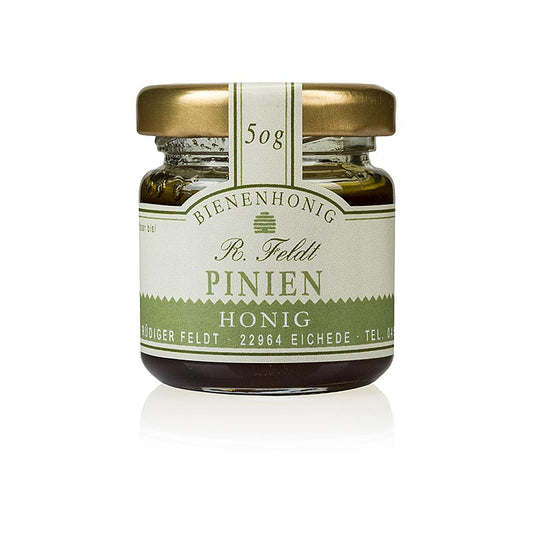 Imkerei Feldt - Pinien-Honig, dunkel, mild-würziger Kieferwaldhonig, Portionsglas, 50 g