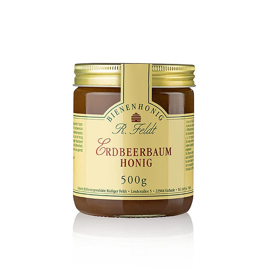 Imkerei Feldt - Erdbeerbaum-Honig, hell-bernsteinfarben, bitter-süß, 500 g