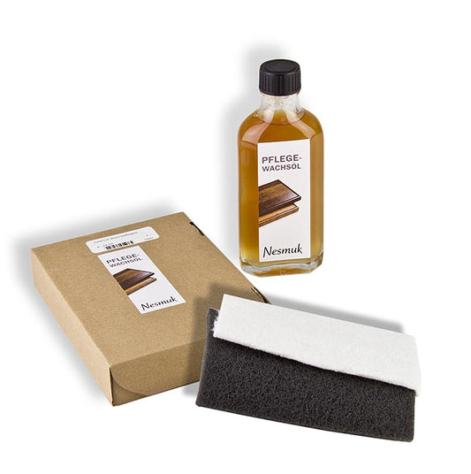 Olio-cera per la cura Nesmuk per taglieri in rovere Nesmuk, con carta abrasiva e panno in cotone, 100 ml