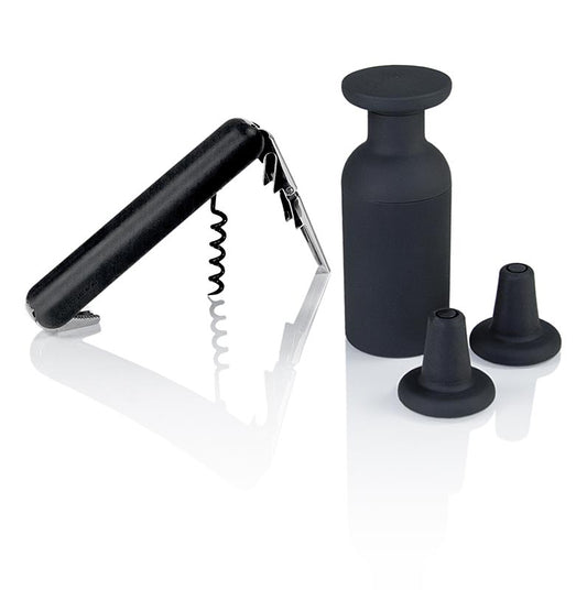 Norm Weinset mit Kellnermesser, Vakuumpumpe & 2 Korken, 14cm, ø 5cm, Carbonoptik, 4 tlg.