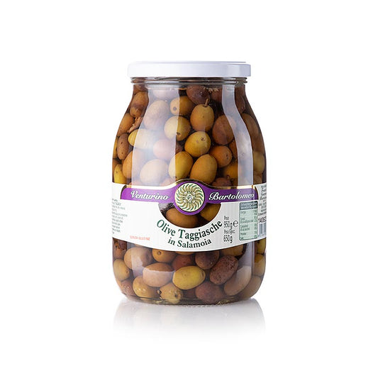 Miscela di olive, olive Taggiasche verdi e nere, con nocciolo, in salamoia, Venturino