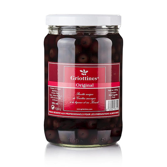 Griottines Original - Wildsauerkirschen, in Kirschwasser, o. Kern, süß, 15 % vol., 1,5 l