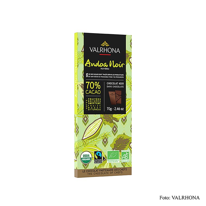 Valrhona Andoa Noire, couverture noire, tablette, 70 % Cacao, BIO, 70 g