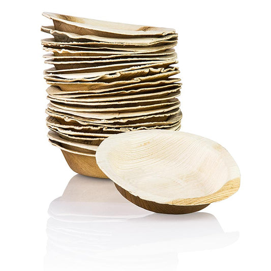 Piatto monouso in foglia di palma, rotondo, ø 12 cm circa, profondo, 100% compostabile, 25 pz.