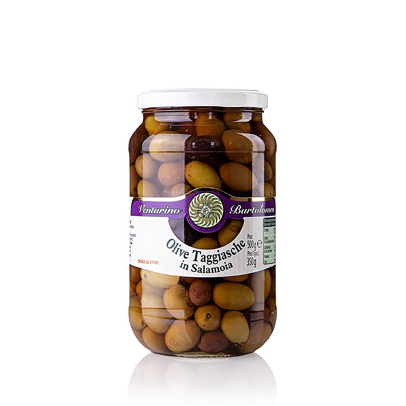 Mélange d'olives, olives Taggiasca vertes et noires, avec noyau, en saumure, Venturino