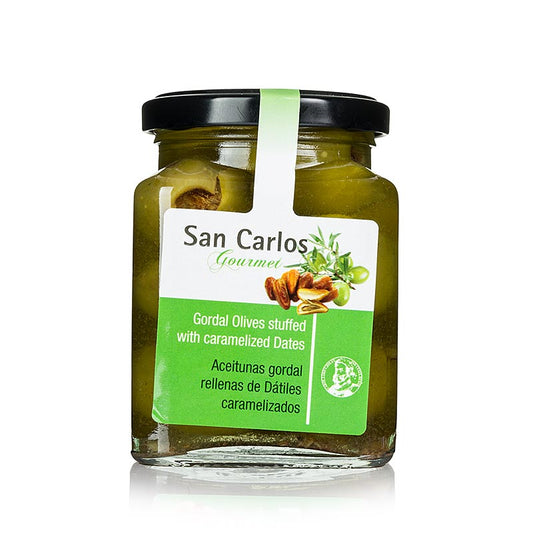Olive verdi senza nocciolo, Gordal, con datteri caramellati, San Carlos, 300 g