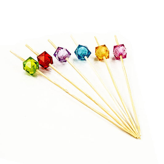 PAPSTAR - Brochettes en bambou « Square », 12 cm, avec des perles carrées colorées et transparentes, lot de 40