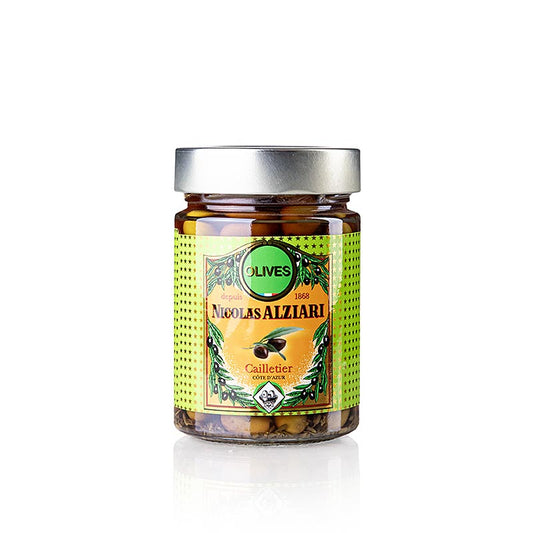 Miscela di olive, verdi e nere Cailletier, con nocciolo, in salamoia, Alziari, 220 g