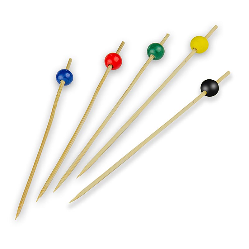 Spiedini di bambù, con pallina, 5 colori (rosso, marrone, giallo, blu, nero), 15 cm, 100 pezzi.