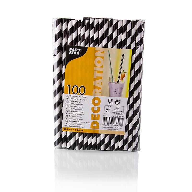 PAPSTAR - Pailles en papier jetables « Rayures », noir et blanc, 20 cm, 100 pièces