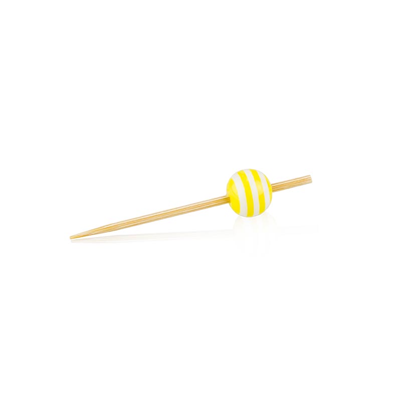 Brochettes en bois, avec « boule de cristal » rayée jaune et blanche, 5 cm, 100 pièces