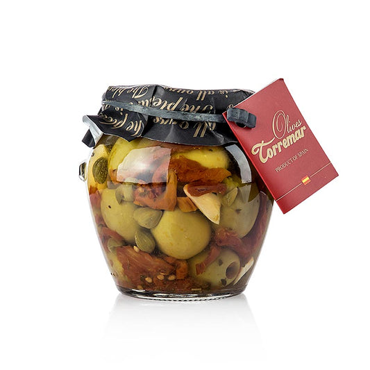 Olive verdi, snocciolate, Gordal, con pomodoro eCapperi, Torremar S.L., 580 g
