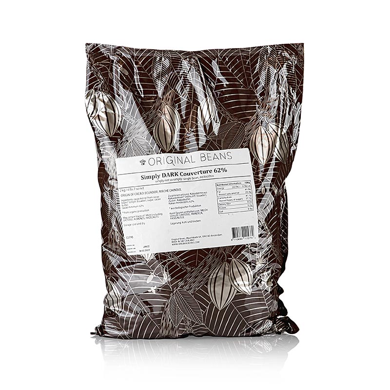 Couverture Simply Dark 62 % Cacao, amère, en pépites, Original Beans, végétalien, 2 kg