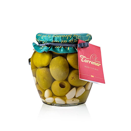 Olive verdi senza nocciolo, Gordal, con rosmarino e aglio, Torremar S.L., 580 g