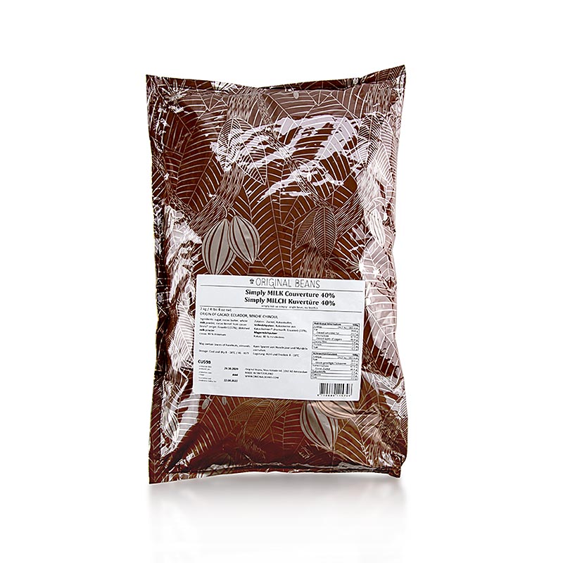Cioccolato da copertura Simply Milk 40% Cacao, latte intero, gocce, Original Beans, 2 kg