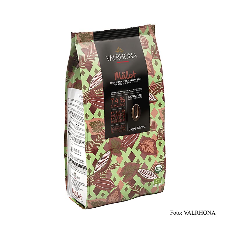 Valrhona Millot, copertura fondente, 74% Cacao, callets (31508), BIO, 3 kg