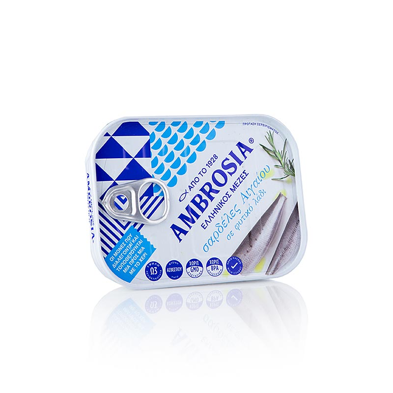 Sardinen in Öl, aus dem Ägäischen Meer, Ambrosia, 105 g Dose, ideal für zu Hause oder unterwegs - hochwertige Sardinen, nach traditionellen Methoden gefangen und konserviert, authentischer Geschmack und Textur, perfekt als Vorspeise, in Salaten oder Nudelgerichten, reiche Aromen des Mittelmeers