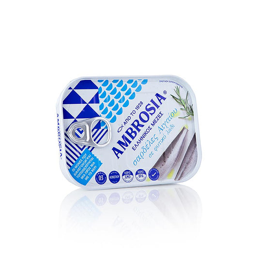 Sardines à l'huile, pêchées en mer Égée, Ambrosia, 105 g Boîte, idéales à la maison ou à emporter - sardines de grande qualité, pêchées et conservées selon des méthodes traditionnelles, au goût et à la texture authentiques, parfaites en entrée, dans les salades ou les plats de pâtes, aux riches saveurs de la Méditerranée