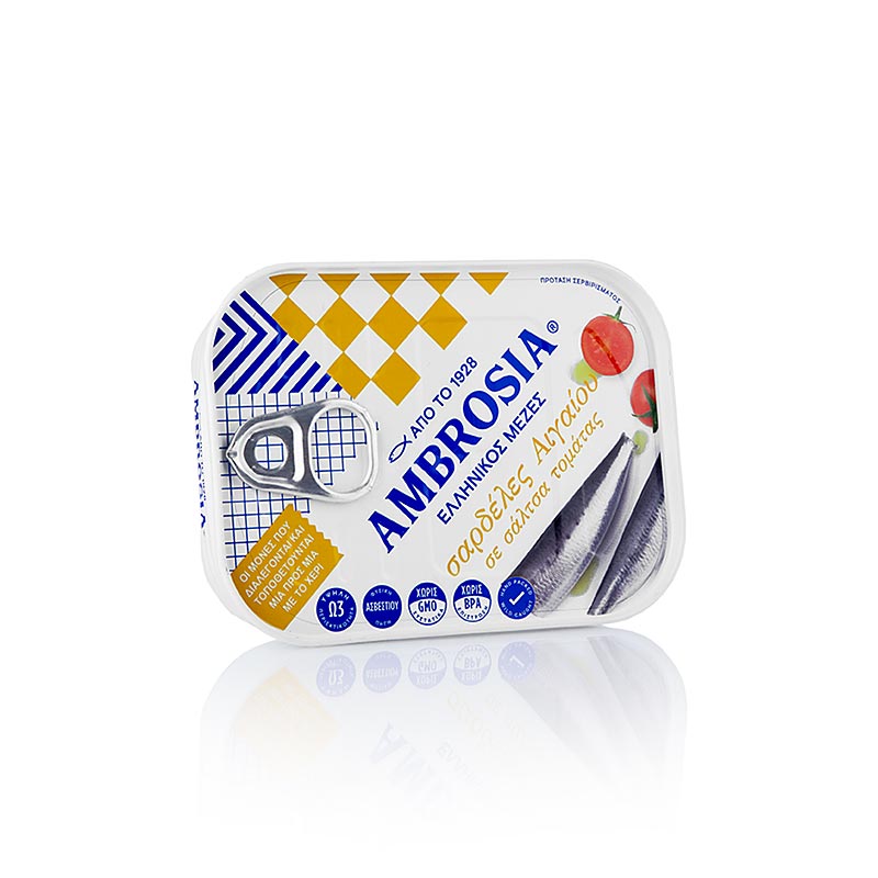 Sardinen in Tomatensauce, hergestellt aus frischen Fischen aus dem Ägäischen Meer, von der Marke Ambrosia, in einer 105 g Dose verpackt