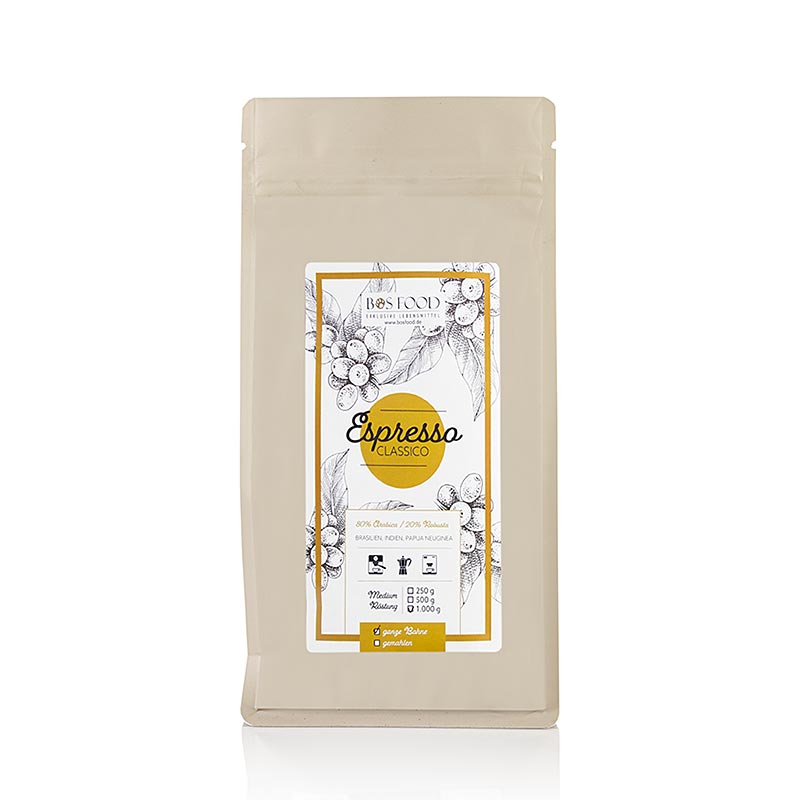 BOS FOOD - Espresso Classico, Café contenant 20 % de Robusta, grains entiers, 1 kg